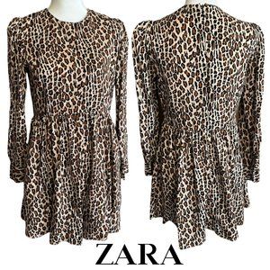 Zara Woman Leopard Print Skater Style Dress Long Sleeve Size Small New w/Tag